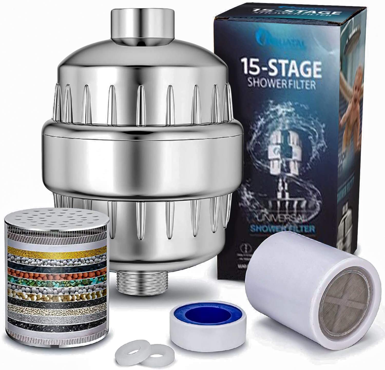 15 Stage Shower Water Filter with Carbon KDF for Hard Water